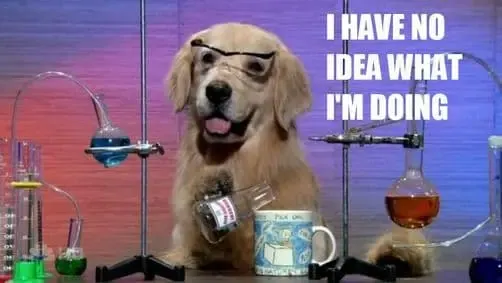 Perro con bata de laboratorio y las letras: "I have no idea what I'm doing".